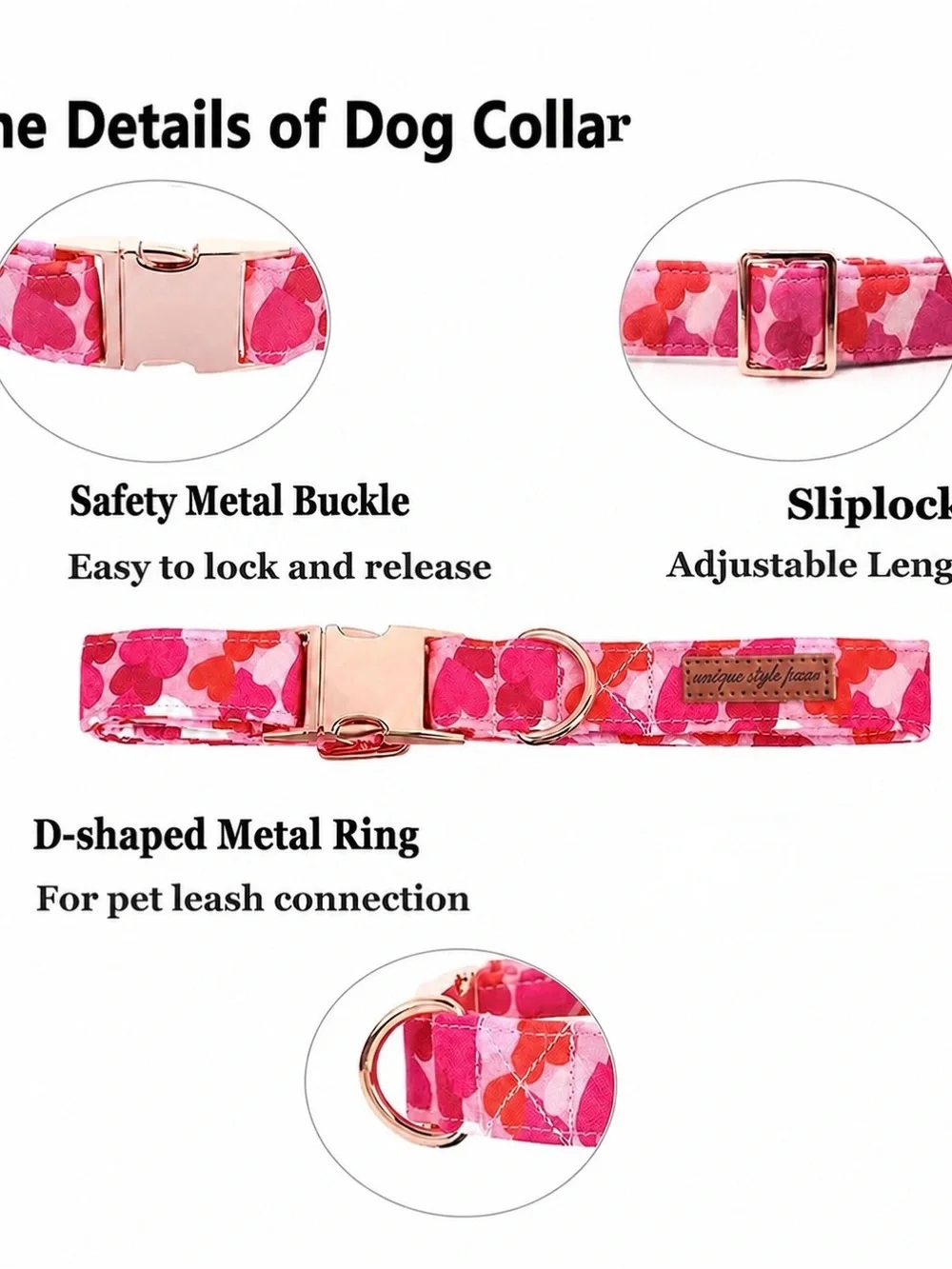 Heart Print Pink Dog Collar with Rose Gold Hardware
